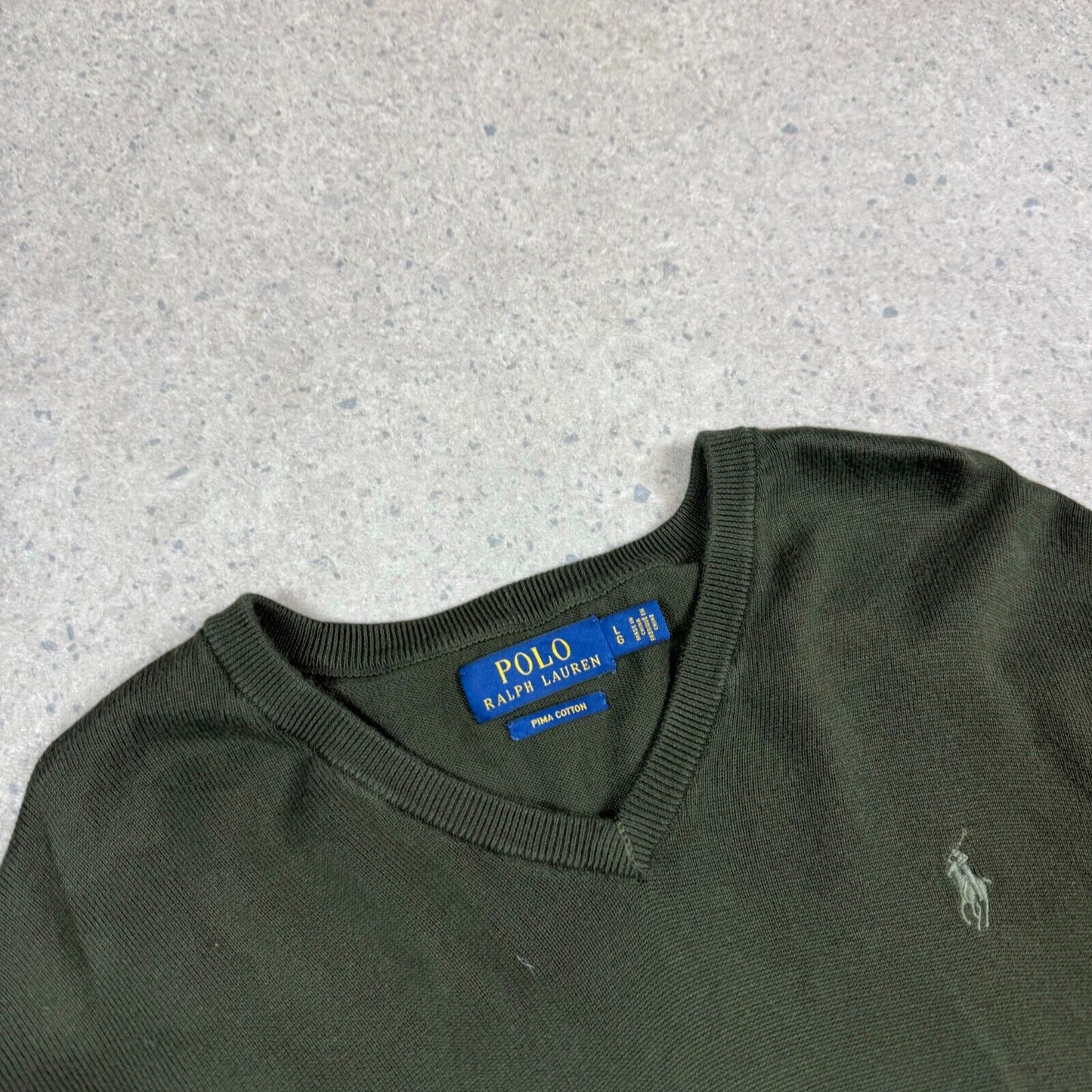 Polo Ralph Lauren V Neck Sweater Medium Khaki Green Embroidered Logo Cotton