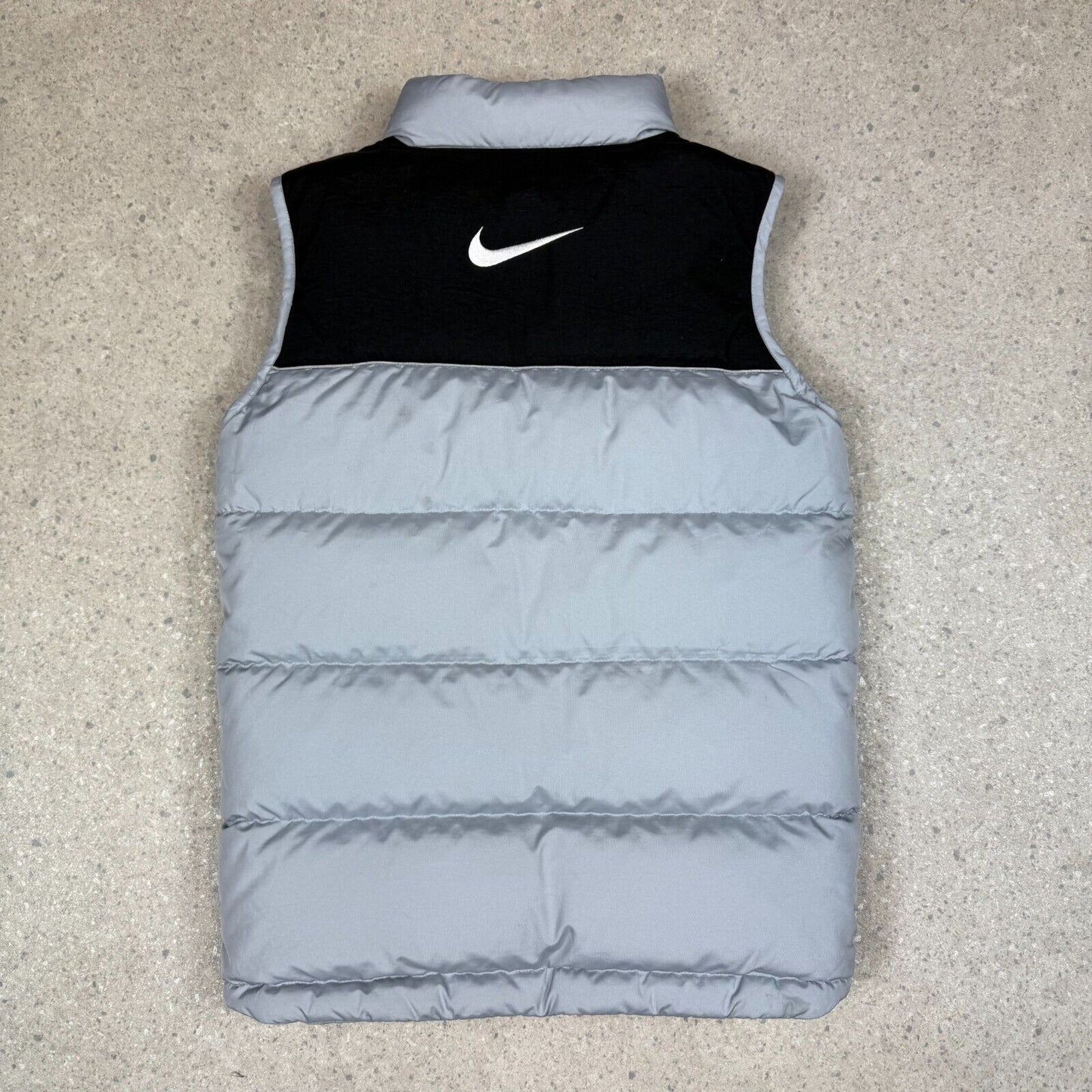 Nike Puffer Gillet Small Silver Black Y2K Embroidered Swoosh Zip Up