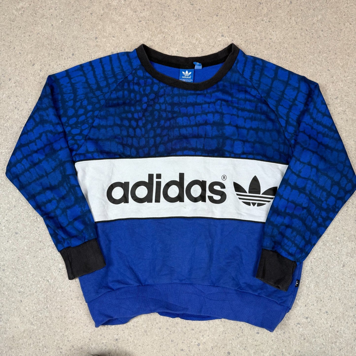 Adidas Sweatshirt Medium Blue Black Boxy Fit Sweater Raglan Sleeve Spellout