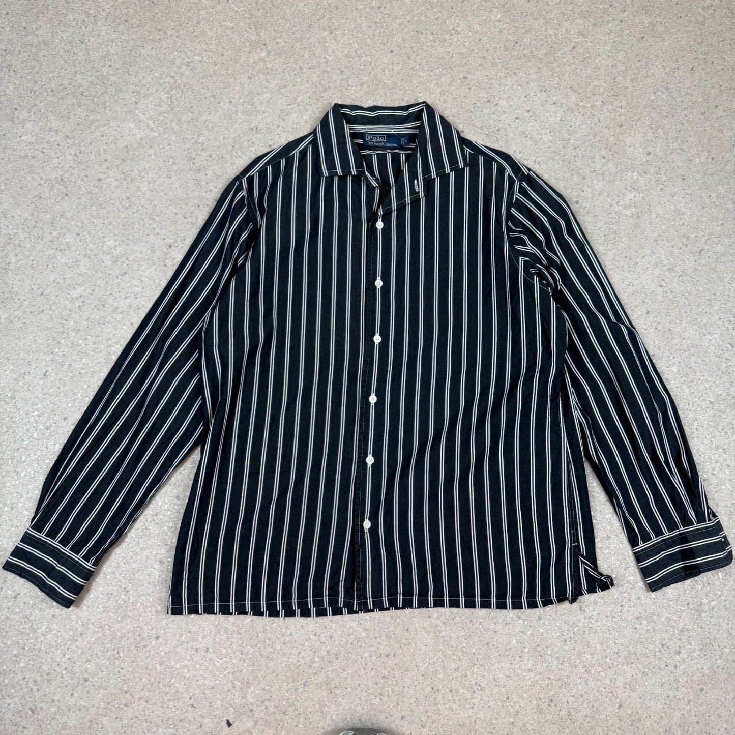 Ralph Lauren Shirt Large Black White Striped Custom Fit Long Sleeve
