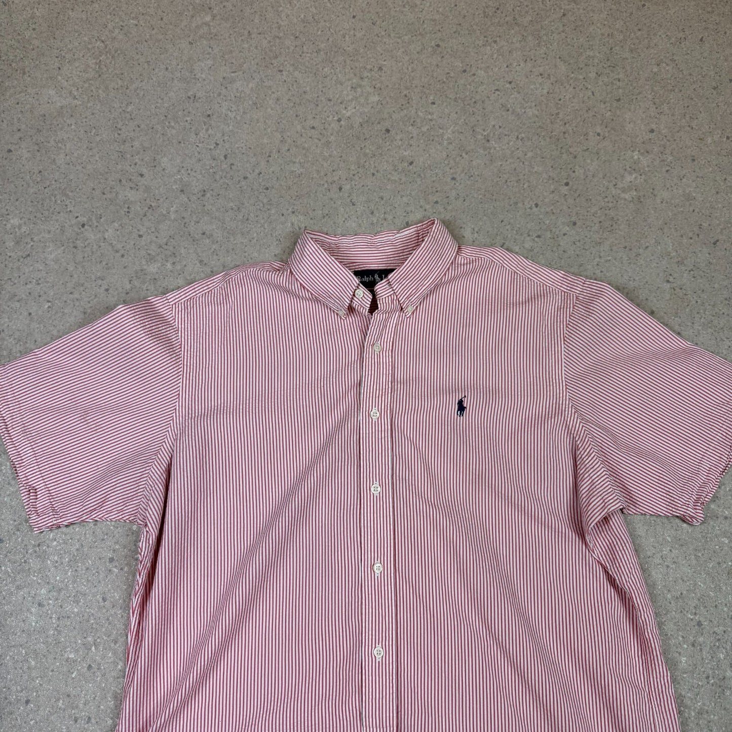 Ralph Lauren Shirt Large Red Striped Classic Fit Short Sleeve Button Down