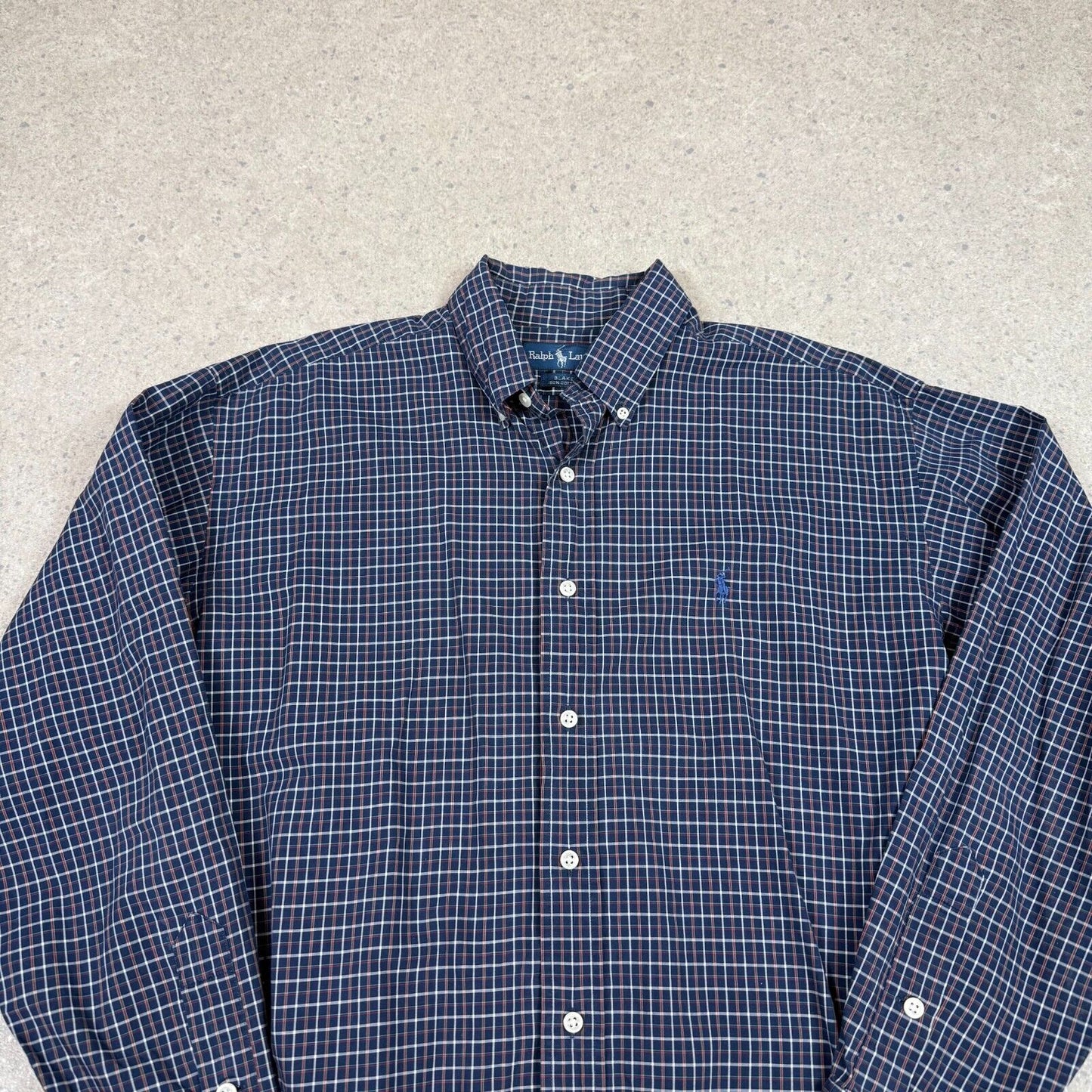 Ralph Lauren Shirt Medium Navy Check Pattern Embroidered Logo Blake Fit