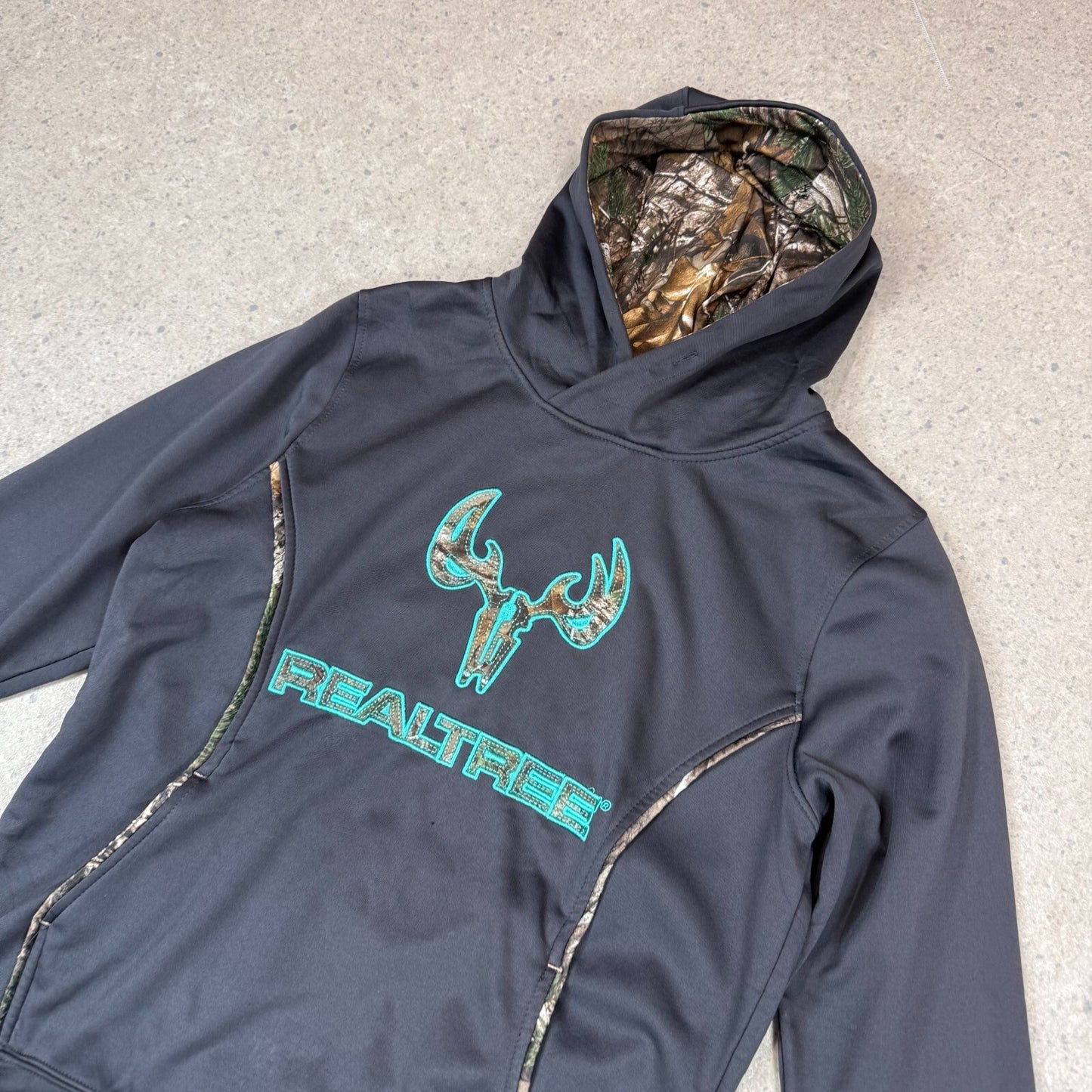 Real Tree Hoodie Small Embroidered Logo Black Grey Hooded
