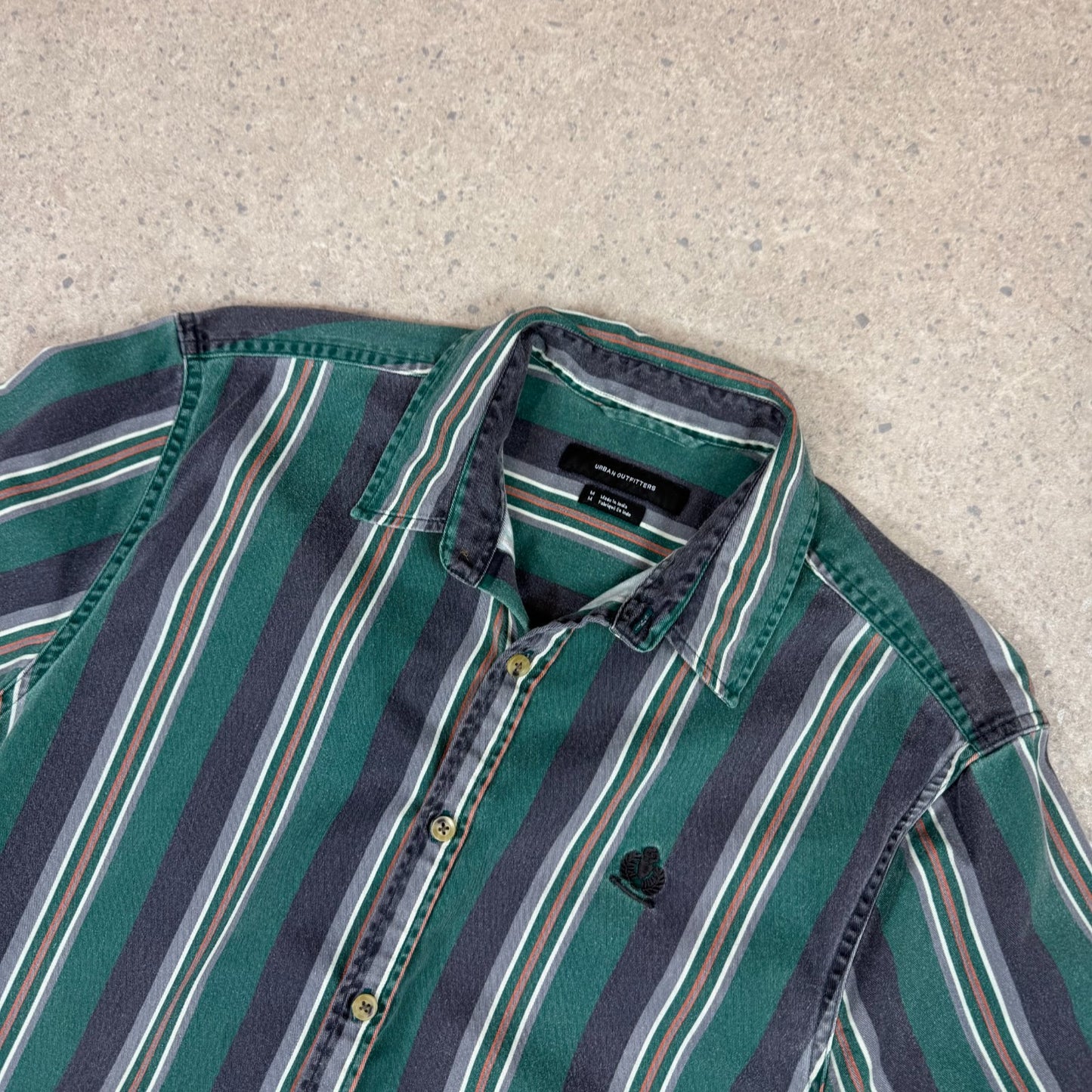 Urban Outfitters Shirt Medium Green Stripe Button Up Embroidered Logo