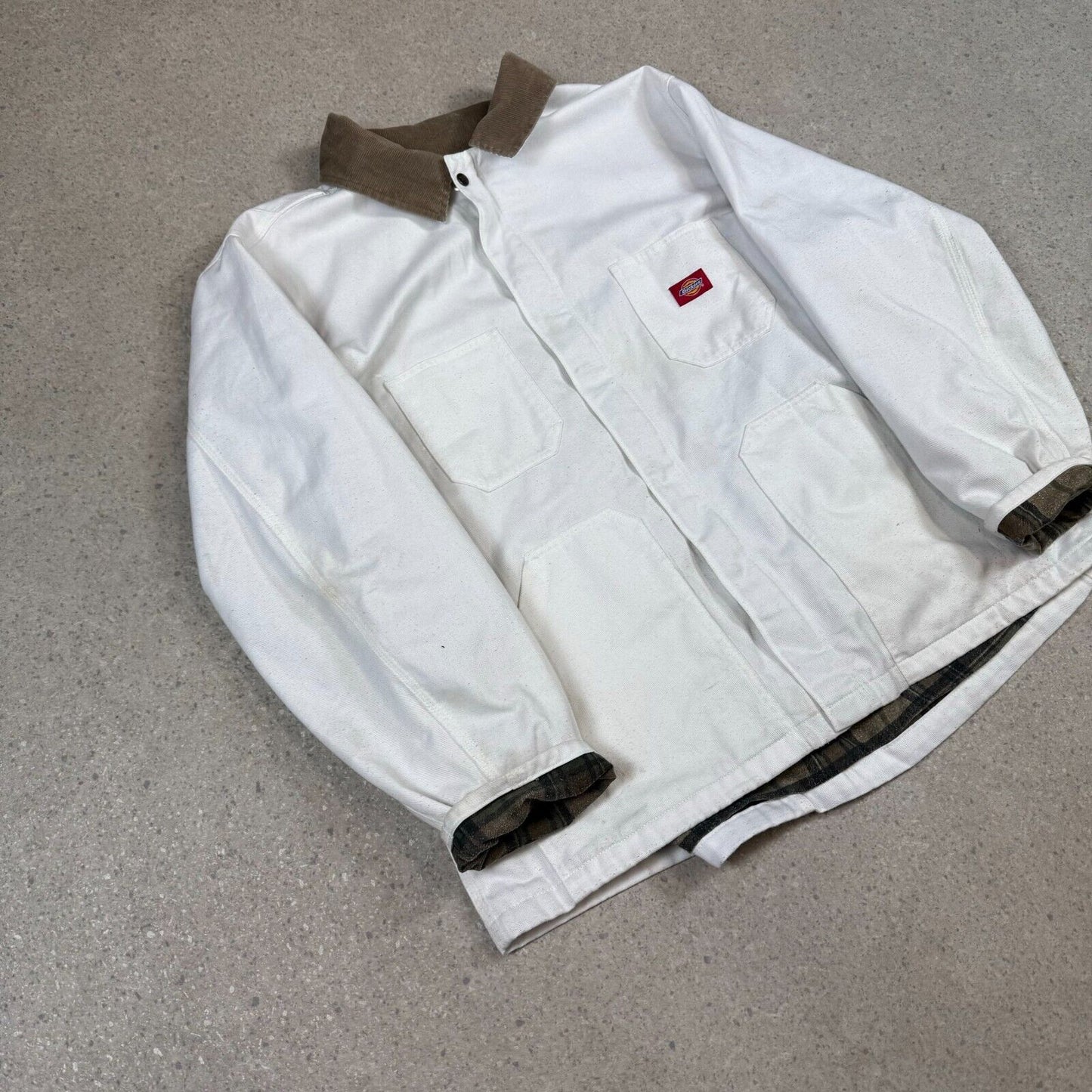Dickies Workwear Jacket XL White Flannel Lined Embroidered Logo Pocket