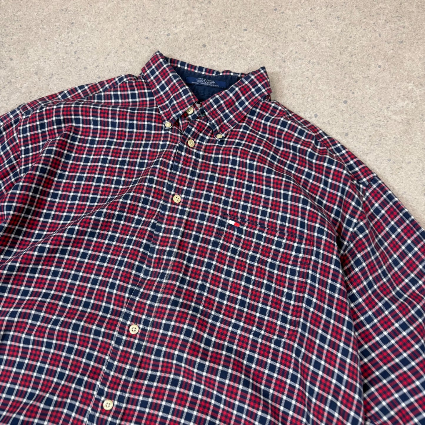 Tommy Hilfiger Button Up Check Shirt XL Embroidered Logo Red Blue Long Sleeve