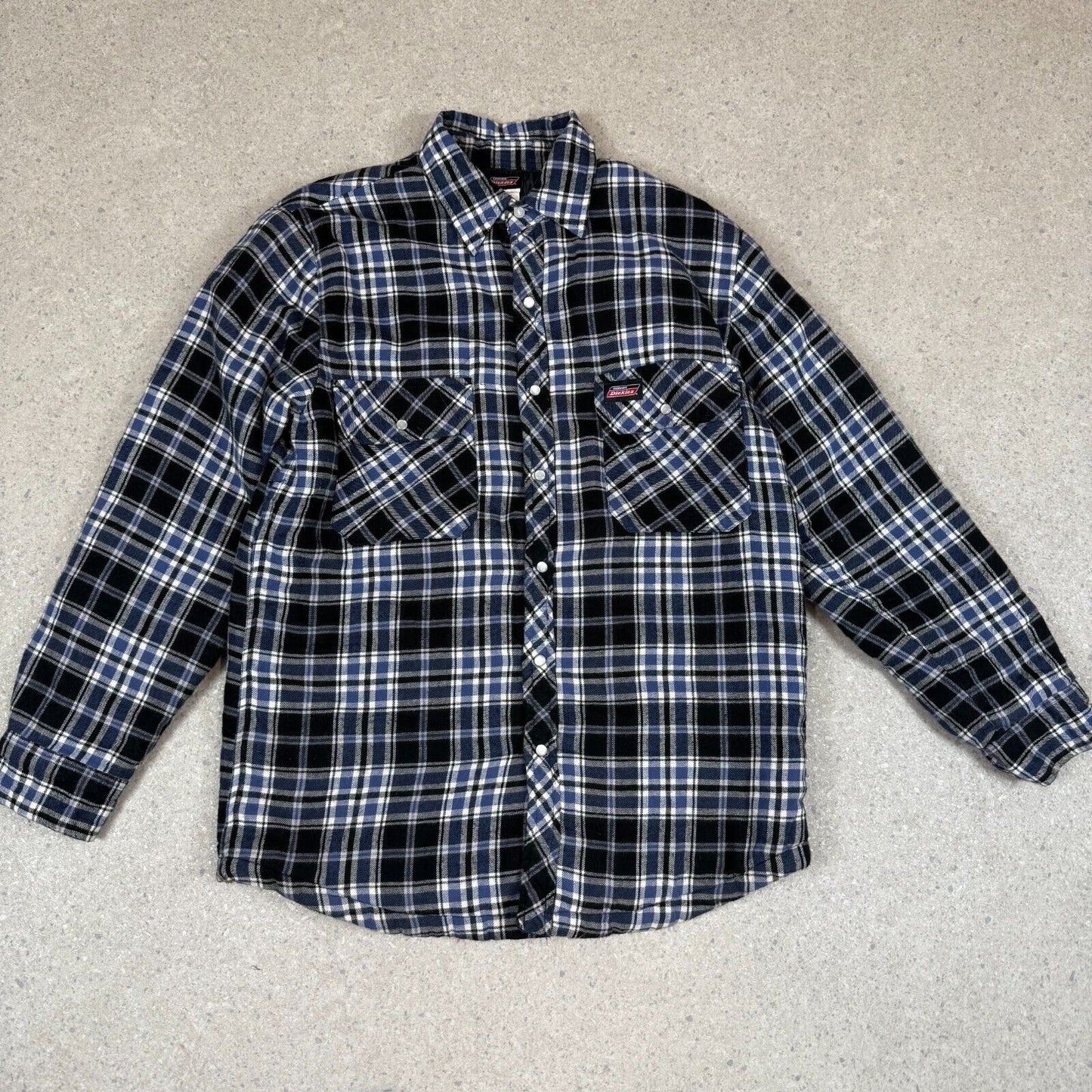 Dickies Flannel Jacket Medium Black White Padded Lined Embroidered Logo