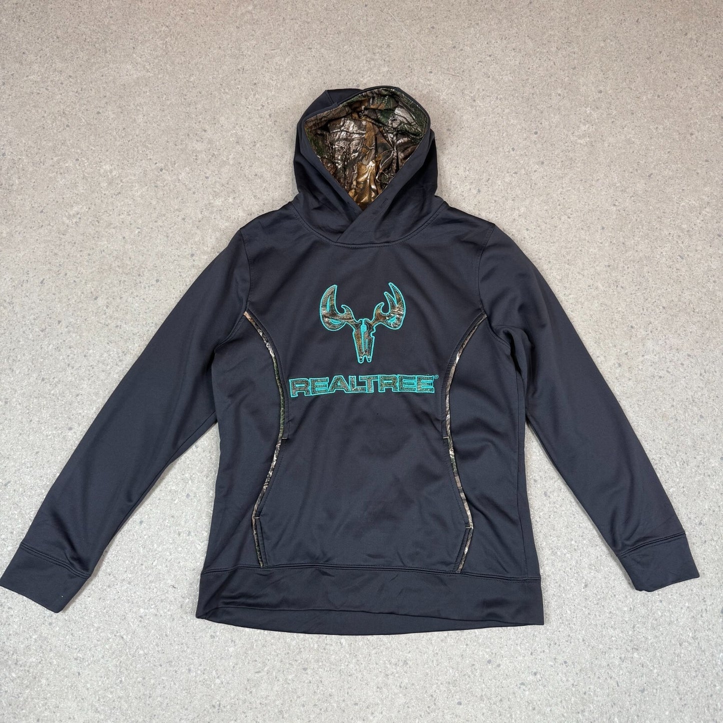 Real Tree Hoodie Small Embroidered Logo Black Grey Hooded