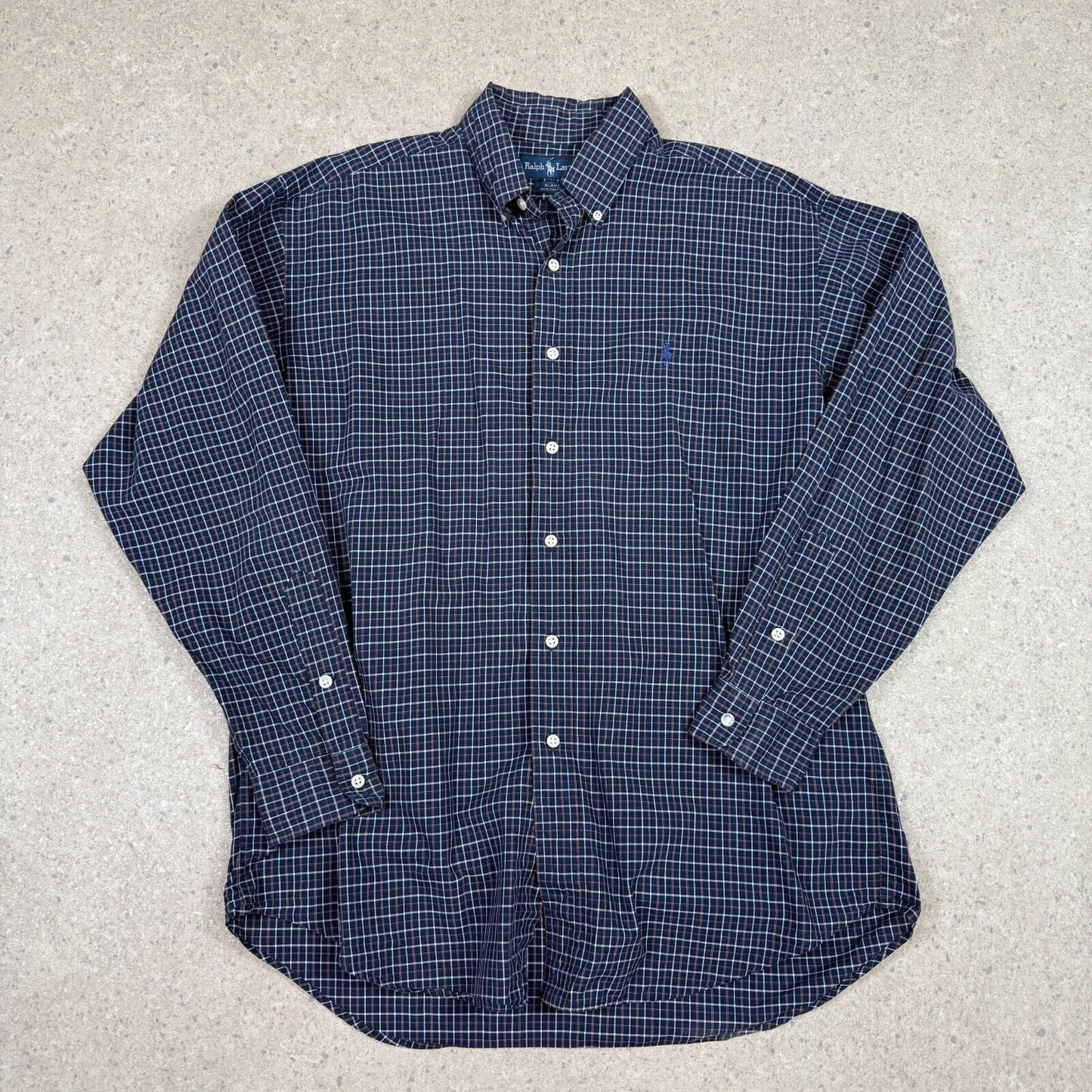 Ralph Lauren Shirt Medium Navy Check Pattern Embroidered Logo Blake Fit