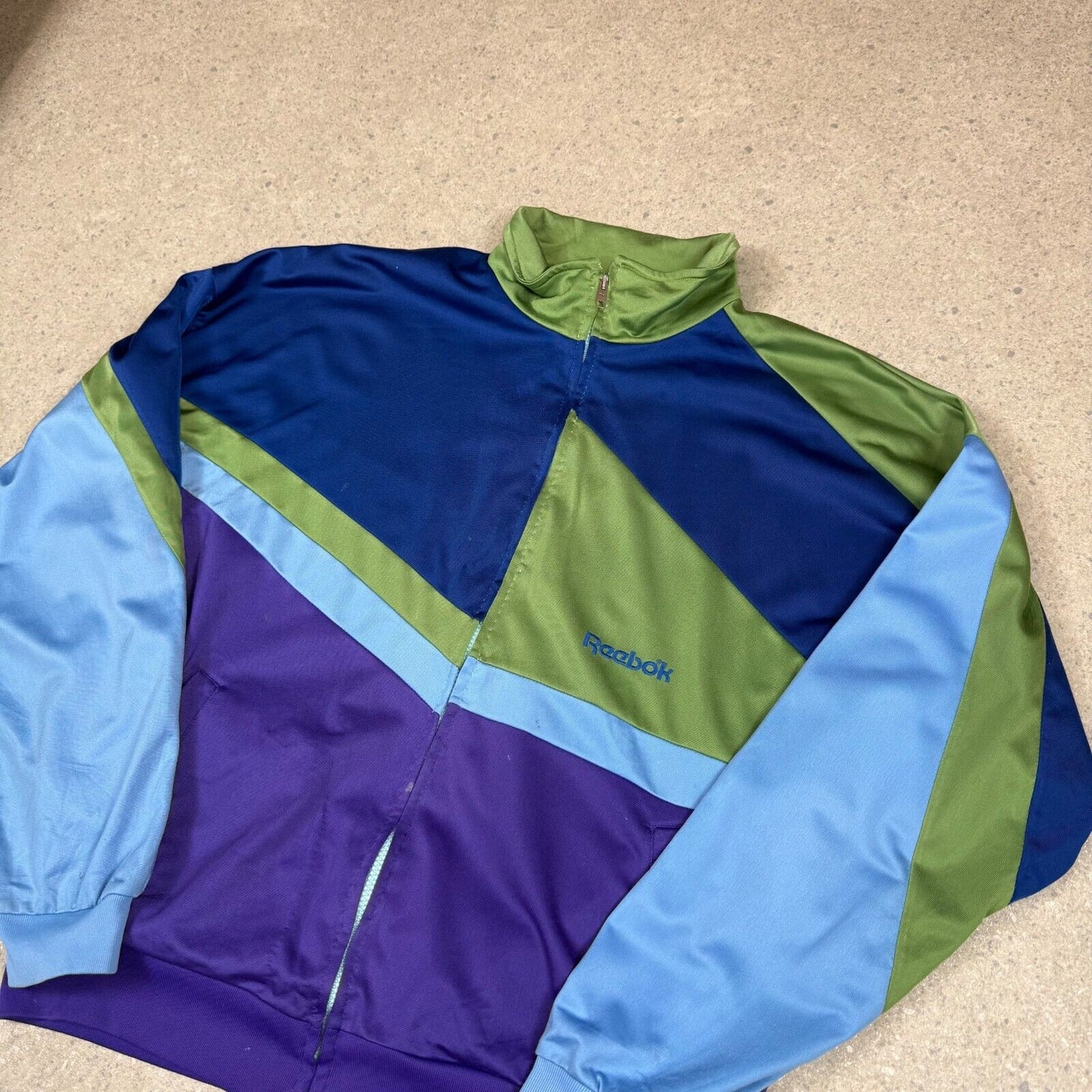 Reebok Warm Up Track Top Large Blue Green Embroidered Logo 90s Zip Up