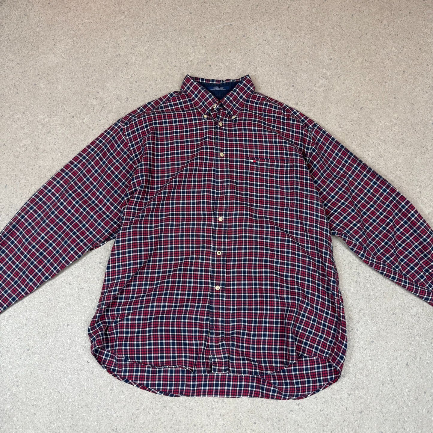 Tommy Hilfiger Button Up Check Shirt XL Embroidered Logo Red Blue Long Sleeve