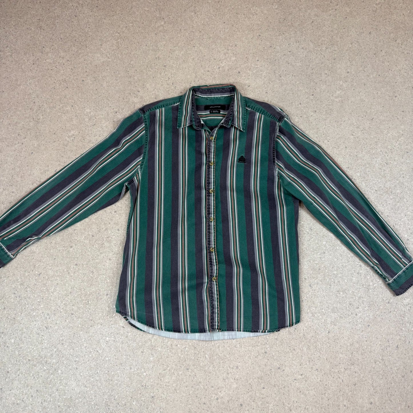 Urban Outfitters Shirt Medium Green Stripe Button Up Embroidered Logo