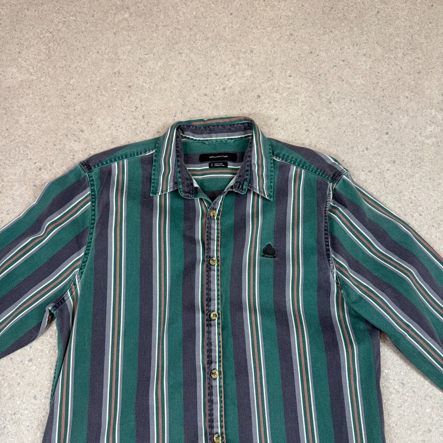 Urban Outfitters Shirt Medium Green Stripe Button Up Embroidered Logo