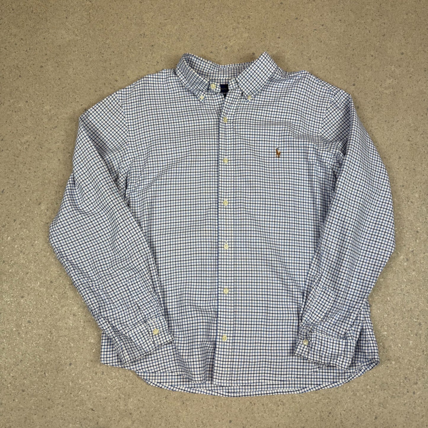 Ralph Lauren Shirt Large Blue White Check Embroidered Logo Button Down