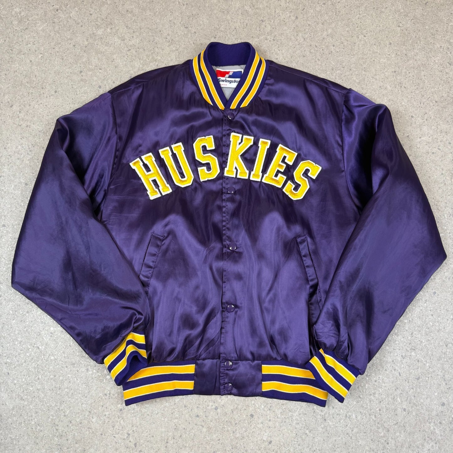 Huskies Swingstar Satin Varsity Jacket Large Purple Yellow Vintage Made in USA