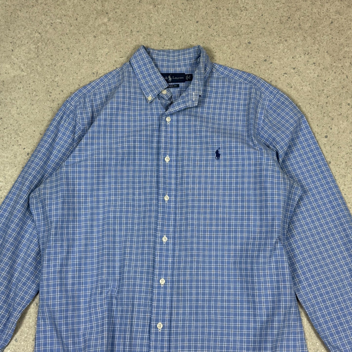 Ralph Lauren Check Shirt Large Blue 16” Collar Embroidered Logo Check