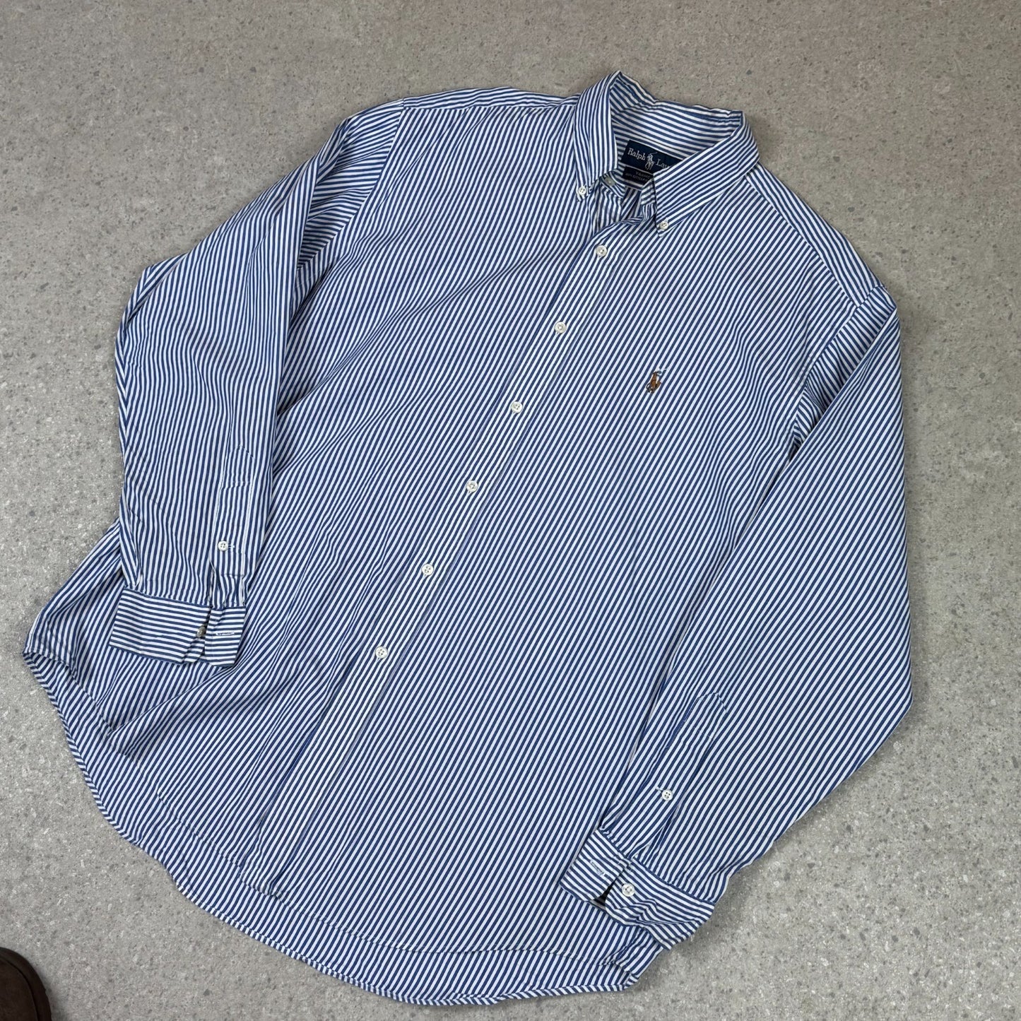 Ralph Lauren Yarmouth Shirt Large Blue White Striped Embroidered Logo