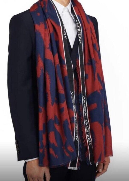 Alexander McQueen Graffiti bordered unisex scarf in blue and red BRAND NEW ✅