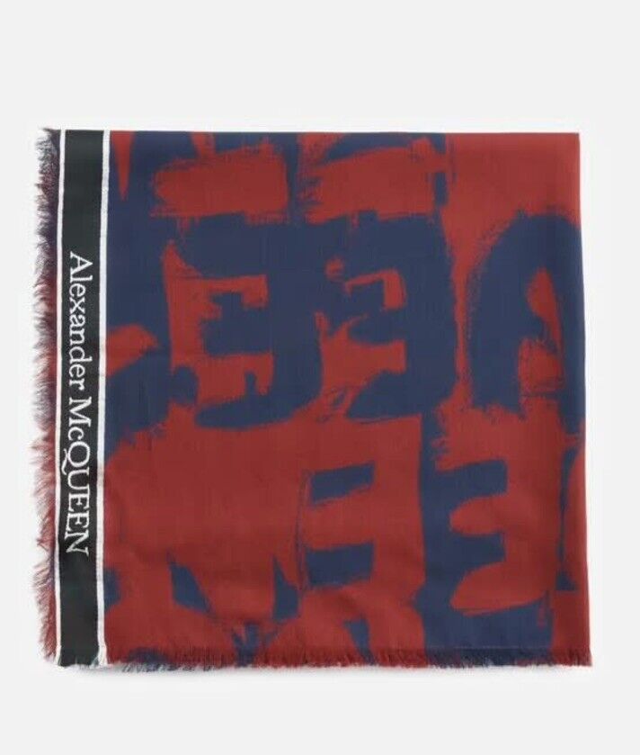 Alexander McQueen Graffiti bordered unisex scarf in blue and red BRAND NEW ✅