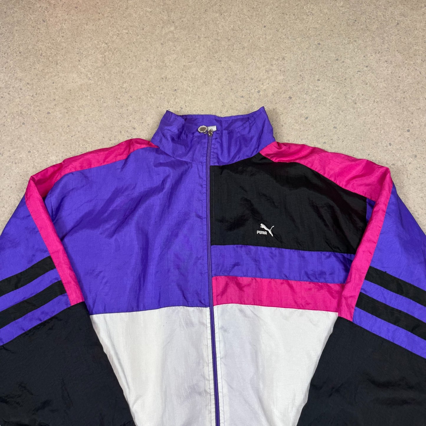 Puma Windbreaker Jacket XL Black Purple 90s Logo Zip Up Boxy Fit