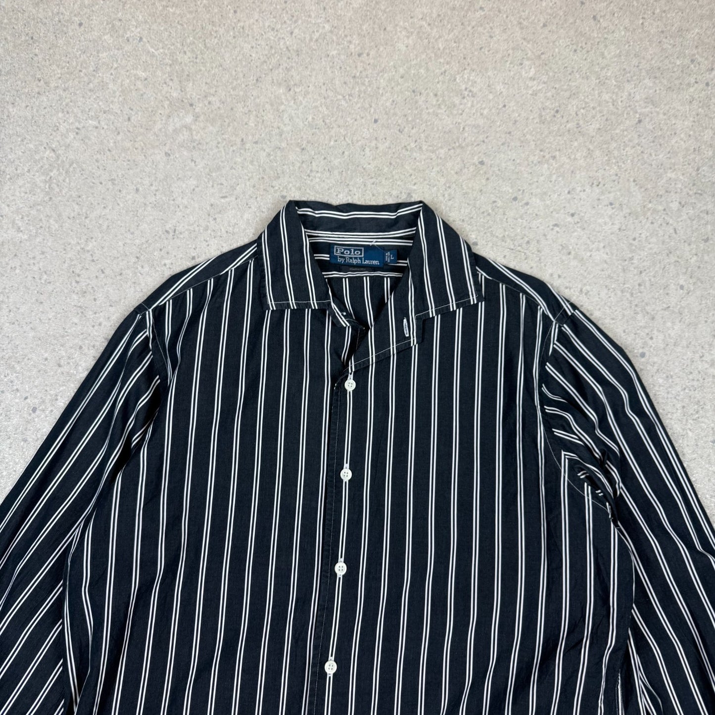 Ralph Lauren Shirt Large Black White Striped Custom Fit Long Sleeve