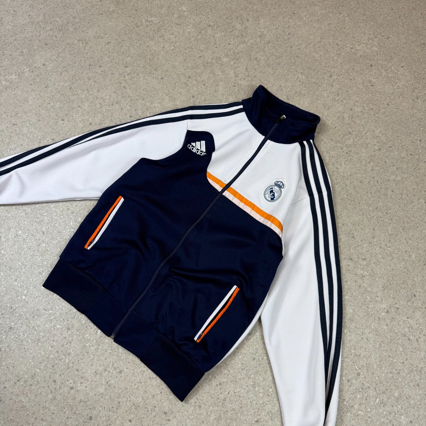 Real Madrid Track Top Embroidered Logos All Over White / Navy Colourway Y2K