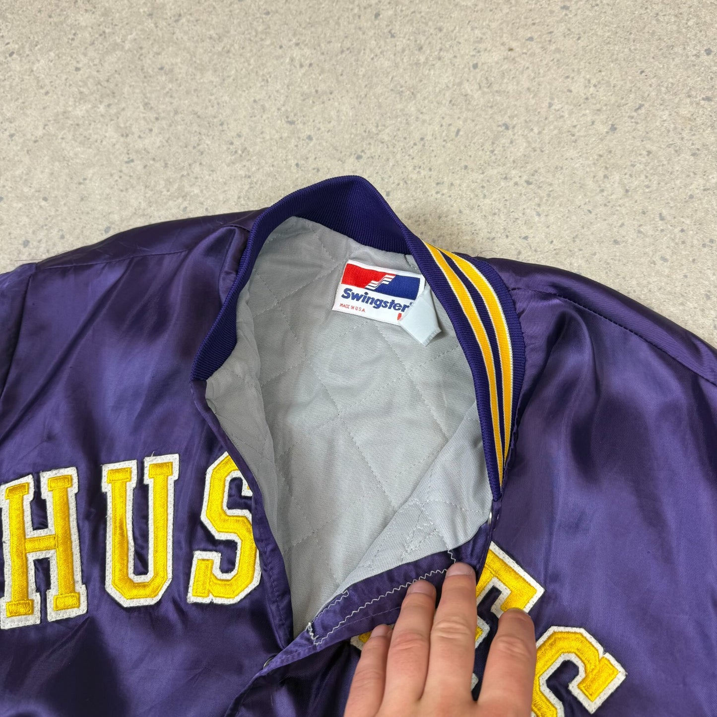 Huskies Swingstar Satin Varsity Jacket Large Purple Yellow Vintage Made in USA