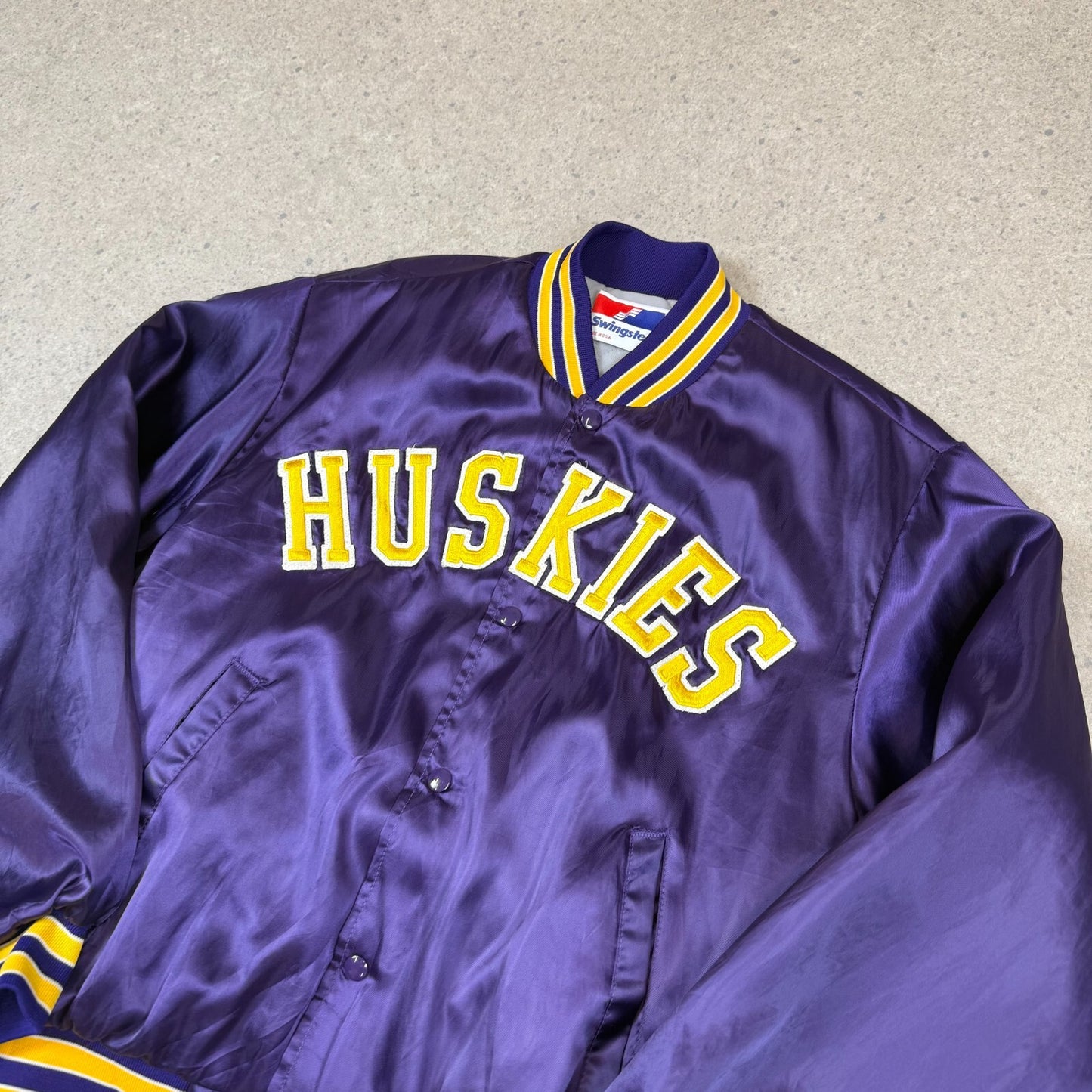Huskies Swingstar Satin Varsity Jacket Large Purple Yellow Vintage Made in USA