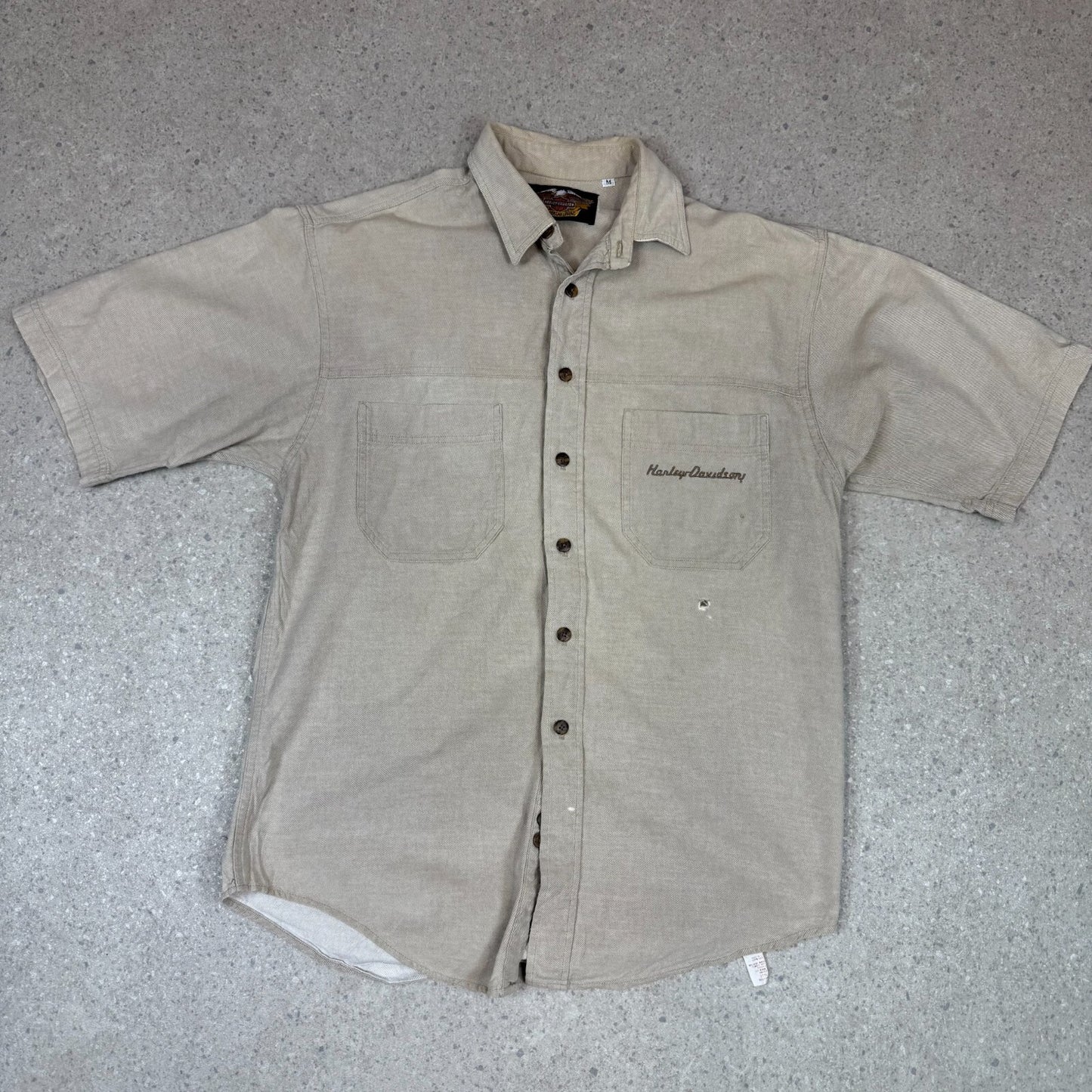 Harley Davidson Shirt Medium Beige Embroidered Logo Cropped Fit Oversized Fit