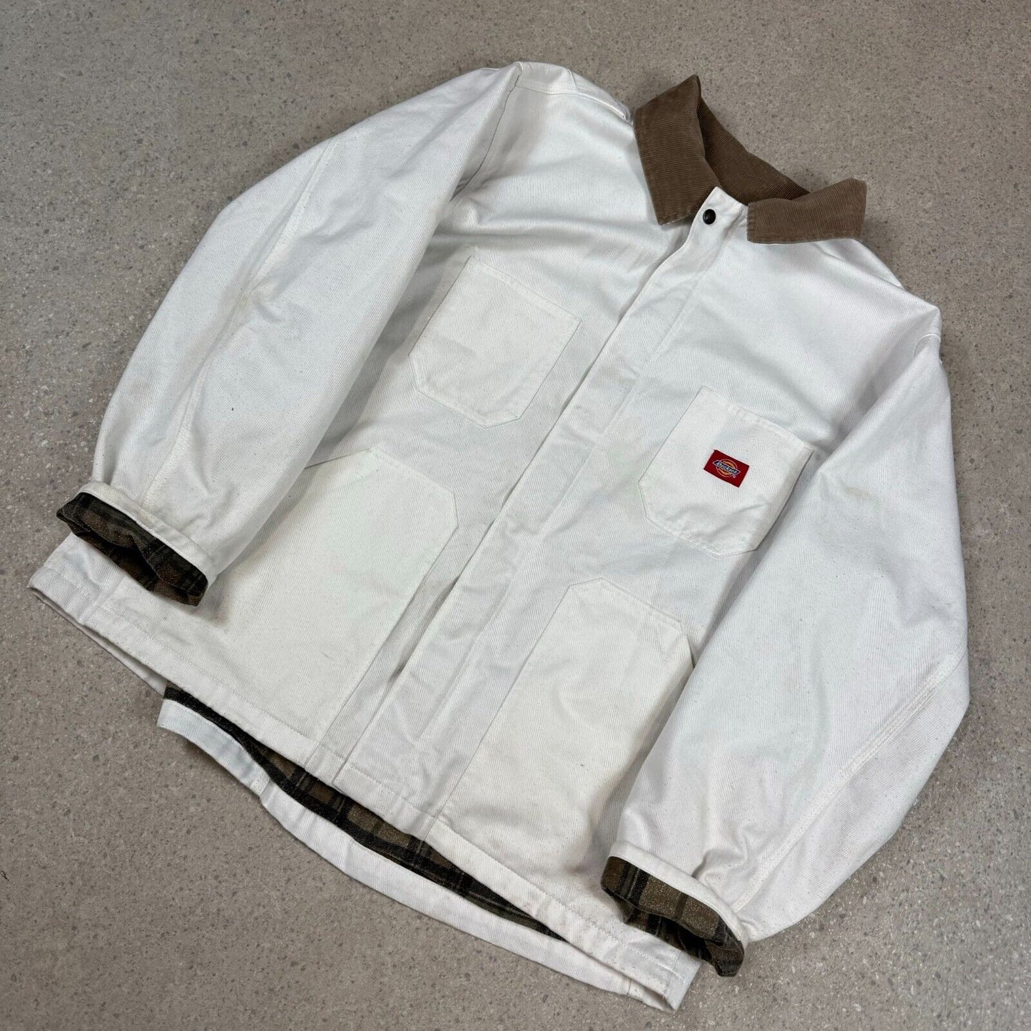 Dickies Workwear Jacket XL White Flannel Lined Embroidered Logo Pocket