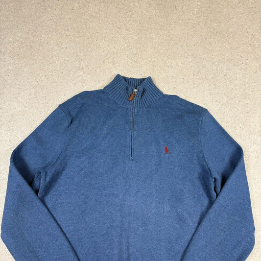 Ralph Lauren 1/4 Zip Jumper Large Blue Cotton