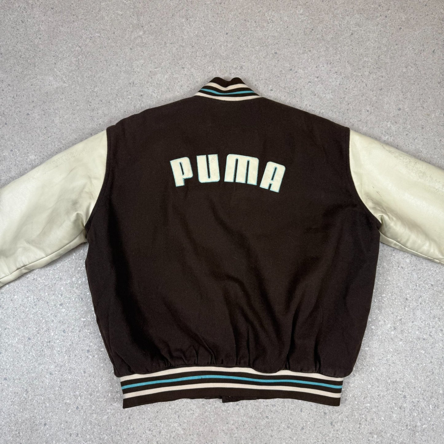 Puma Vintage Varsity Jacket Medium Brown and Cream Wool Leather