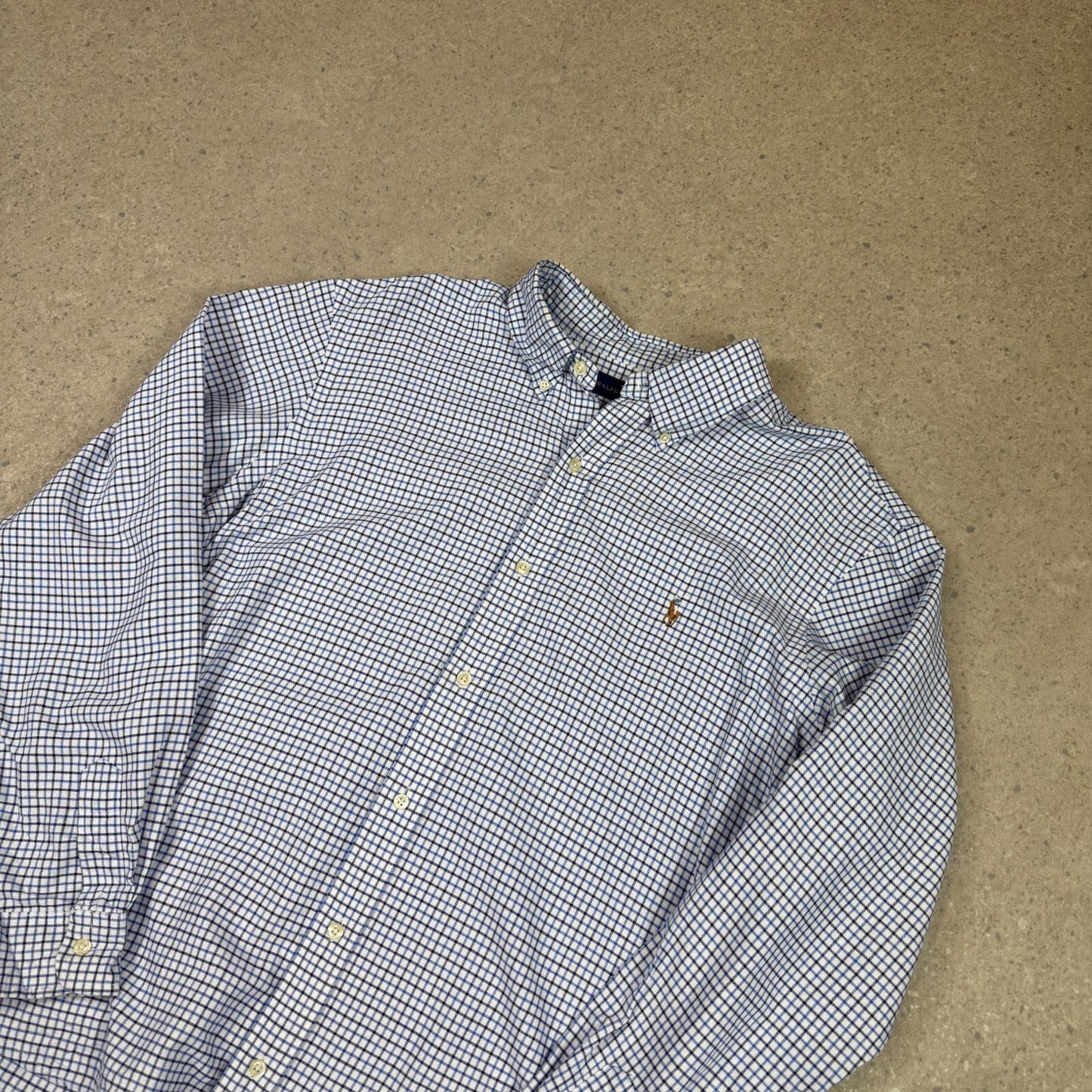 Ralph Lauren Shirt Large Blue White Check Embroidered Logo Button Down