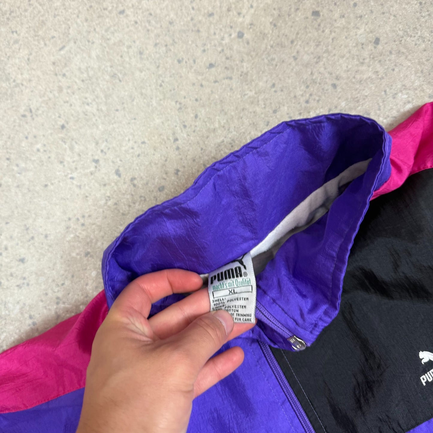 Puma Windbreaker Jacket XL Black Purple 90s Logo Zip Up Boxy Fit