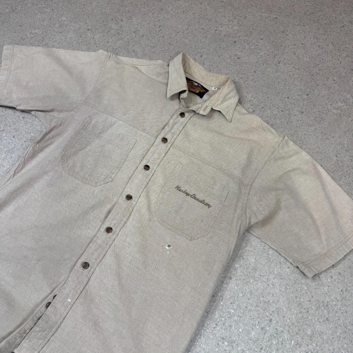 Harley Davidson Shirt Medium Beige Embroidered Logo Cropped Fit Oversized Fit