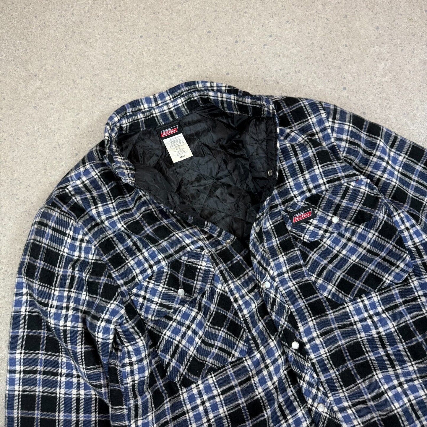 Dickies Flannel Jacket Medium Black White Padded Lined Embroidered Logo