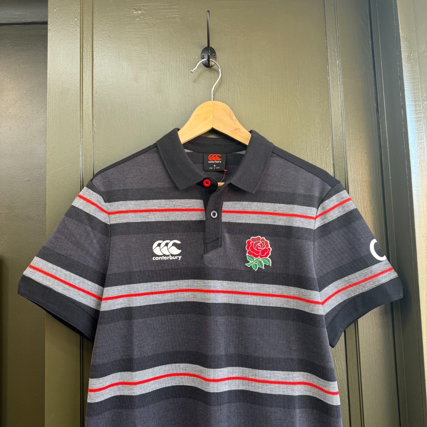 England Rugby Canterburry Polo Shirt Small Grey Black Striped Embroidered Logos