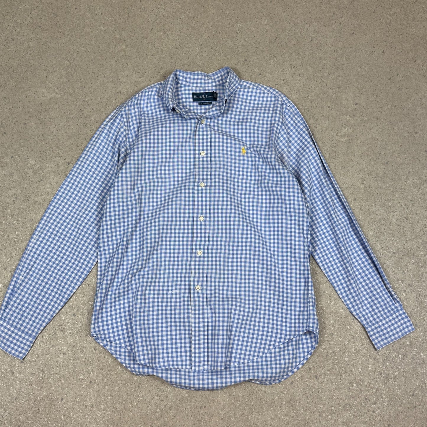 Ralph Lauren Check Shirt Medium Blue White Embroidered Logo Long Sleeve