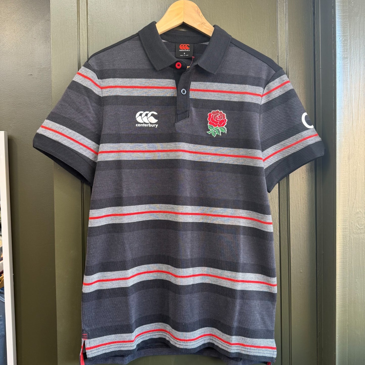 England Rugby Canterburry Polo Shirt Small Grey Black Striped Embroidered Logos