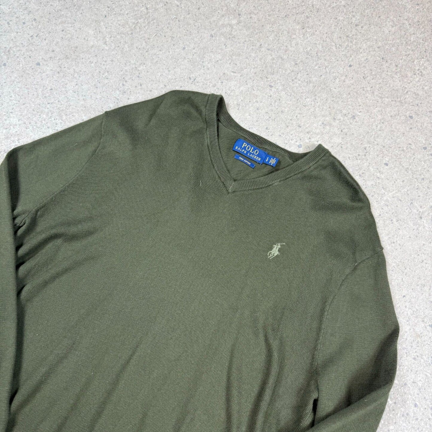Polo Ralph Lauren V Neck Sweater Medium Khaki Green Embroidered Logo Cotton
