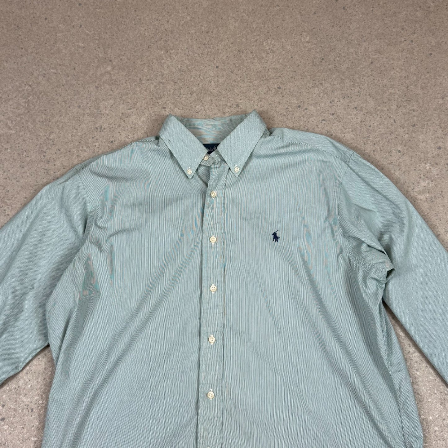 Ralph Lauren Striped Shirt Large Green White Colourway Embroidered Logo 17” Neck