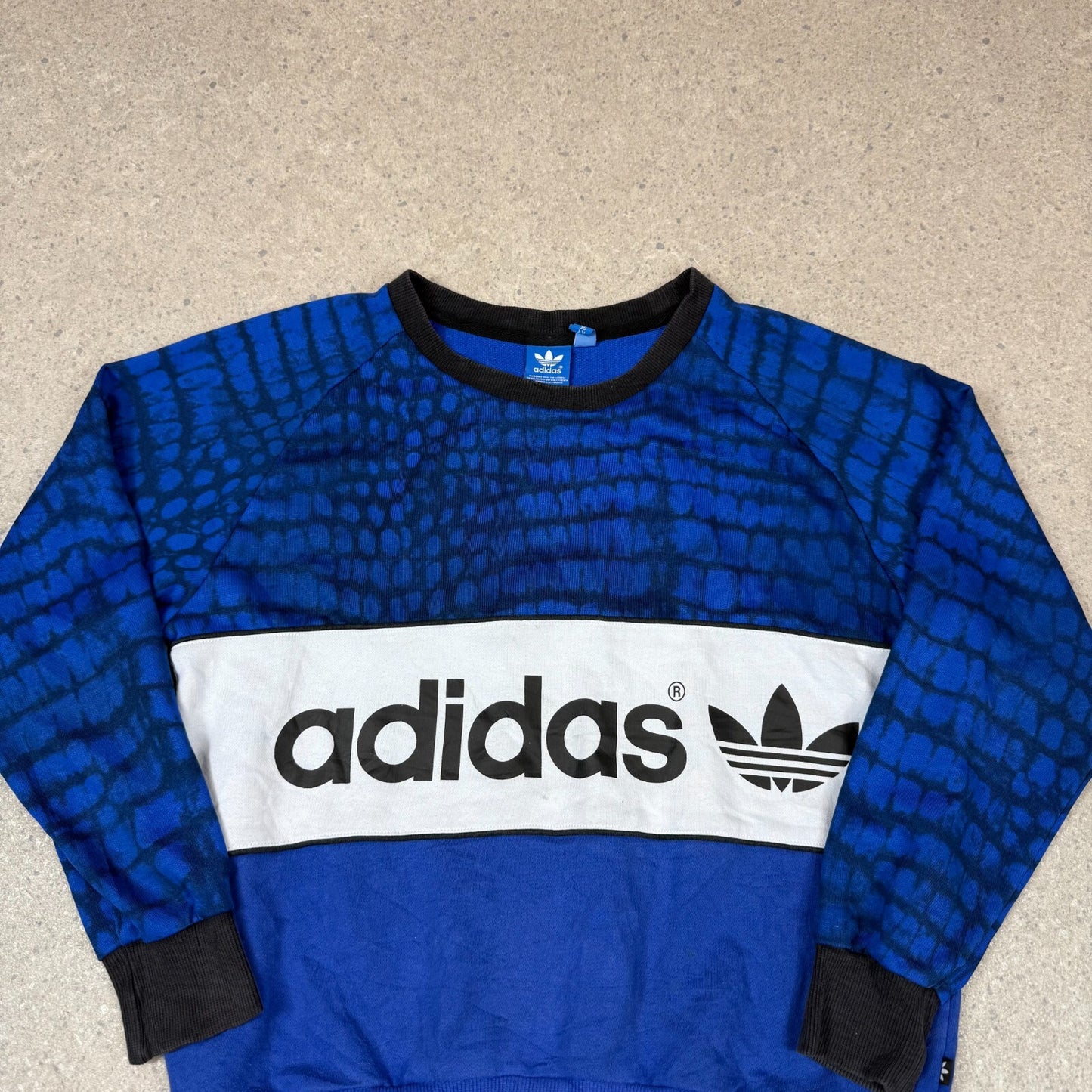Adidas Sweatshirt Medium Blue Black Boxy Fit Sweater Raglan Sleeve Spellout