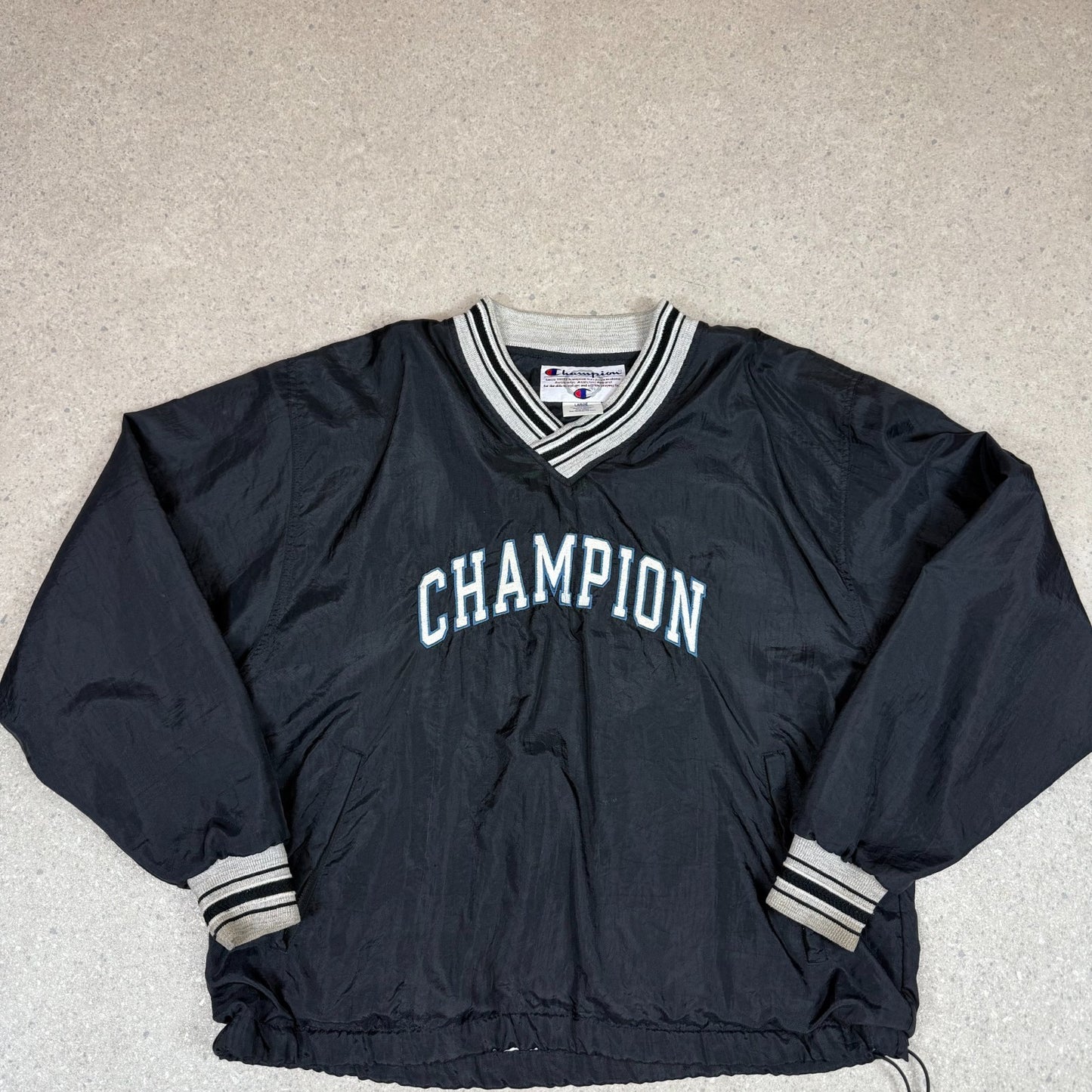 Champion Windbreaker Large Black Pulllover Fully Embroidered V Neck