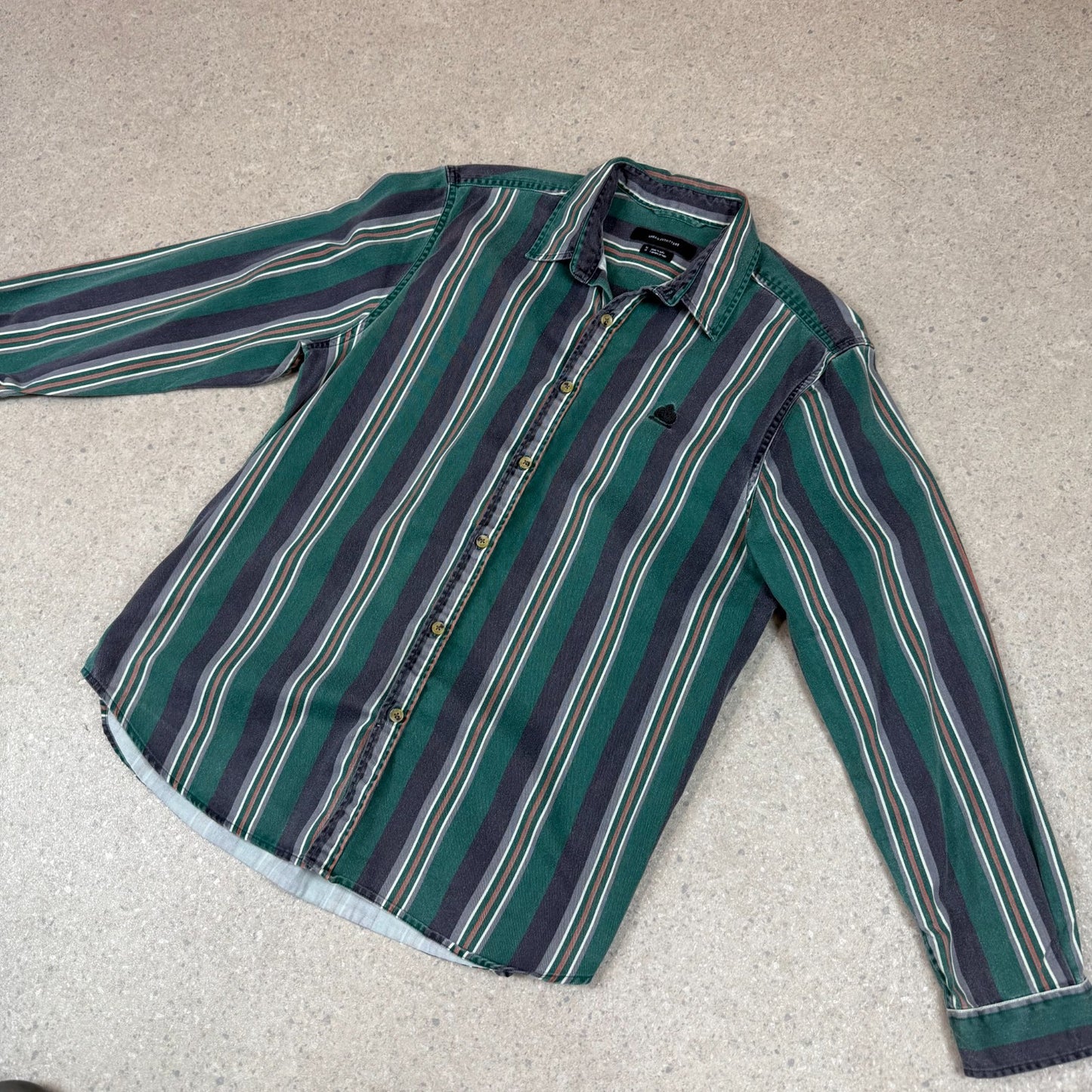 Urban Outfitters Shirt Medium Green Stripe Button Up Embroidered Logo