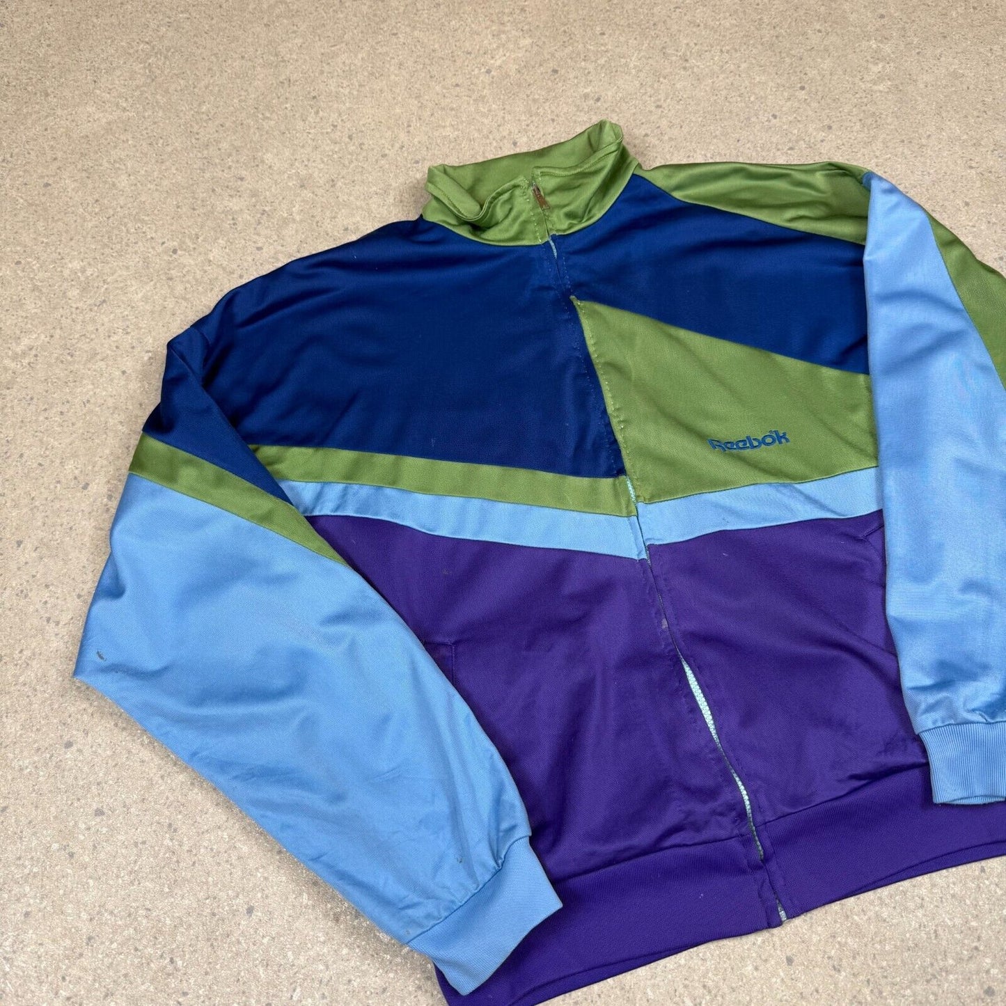 Reebok Warm Up Track Top Large Blue Green Embroidered Logo 90s Zip Up