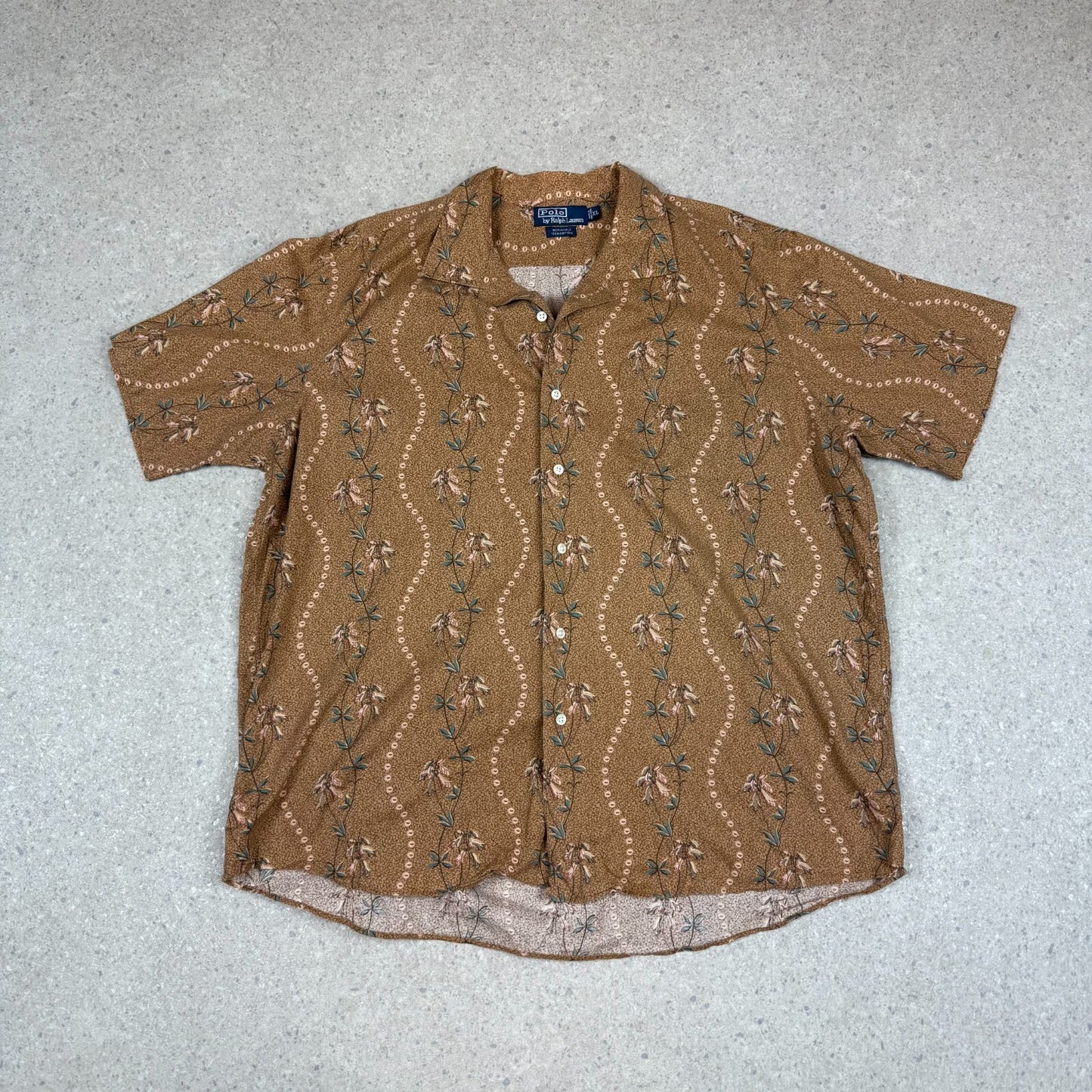 Ralph Lauren Shirt XL Brown Summer Short Sleeve Tropical Print Rare
