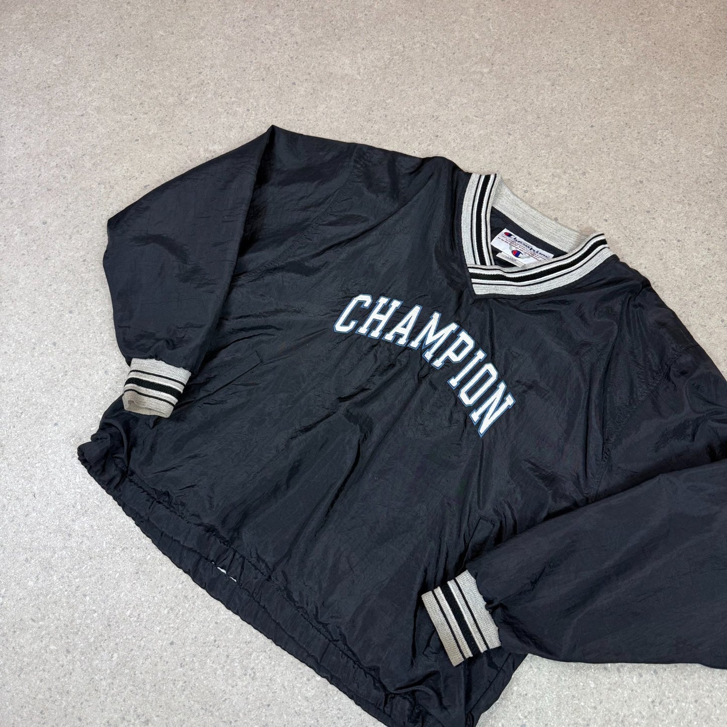 Champion Windbreaker Large Black Pulllover Fully Embroidered V Neck