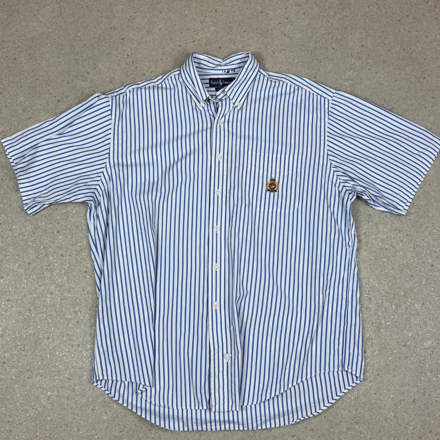 Ralph Lauren Shirt XL Blue White Striped Embroidered Logo Short Sleeve
