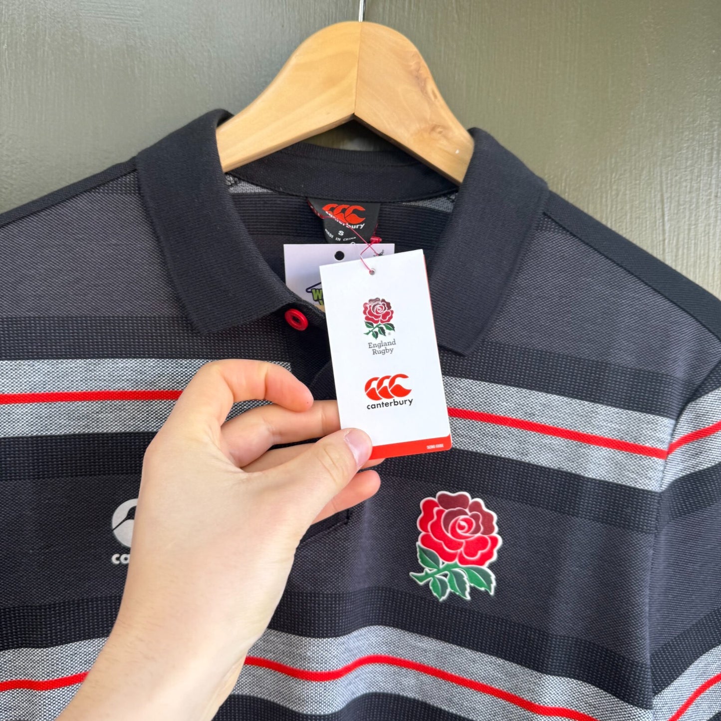 England Rugby Canterburry Polo Shirt Small Grey Black Striped Embroidered Logos
