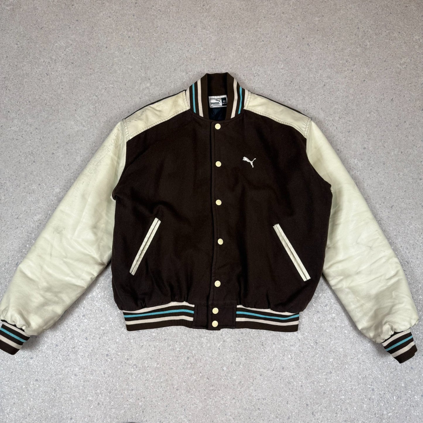 Puma Vintage Varsity Jacket Medium Brown and Cream Wool Leather